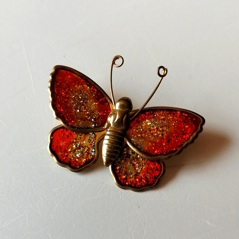 Vintage 1970s Butterfly Spark Glitter Orange Red Yellow Gold Pin Brooch